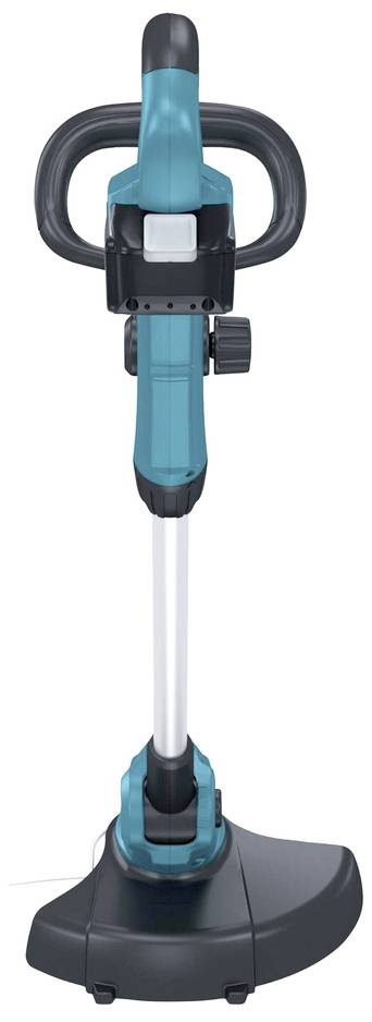 Elektrisk græstrimmer med ergonomisk håndtag, blå kappe og sort skæreenhed, perfekt til præcis trimning af plænekanter.