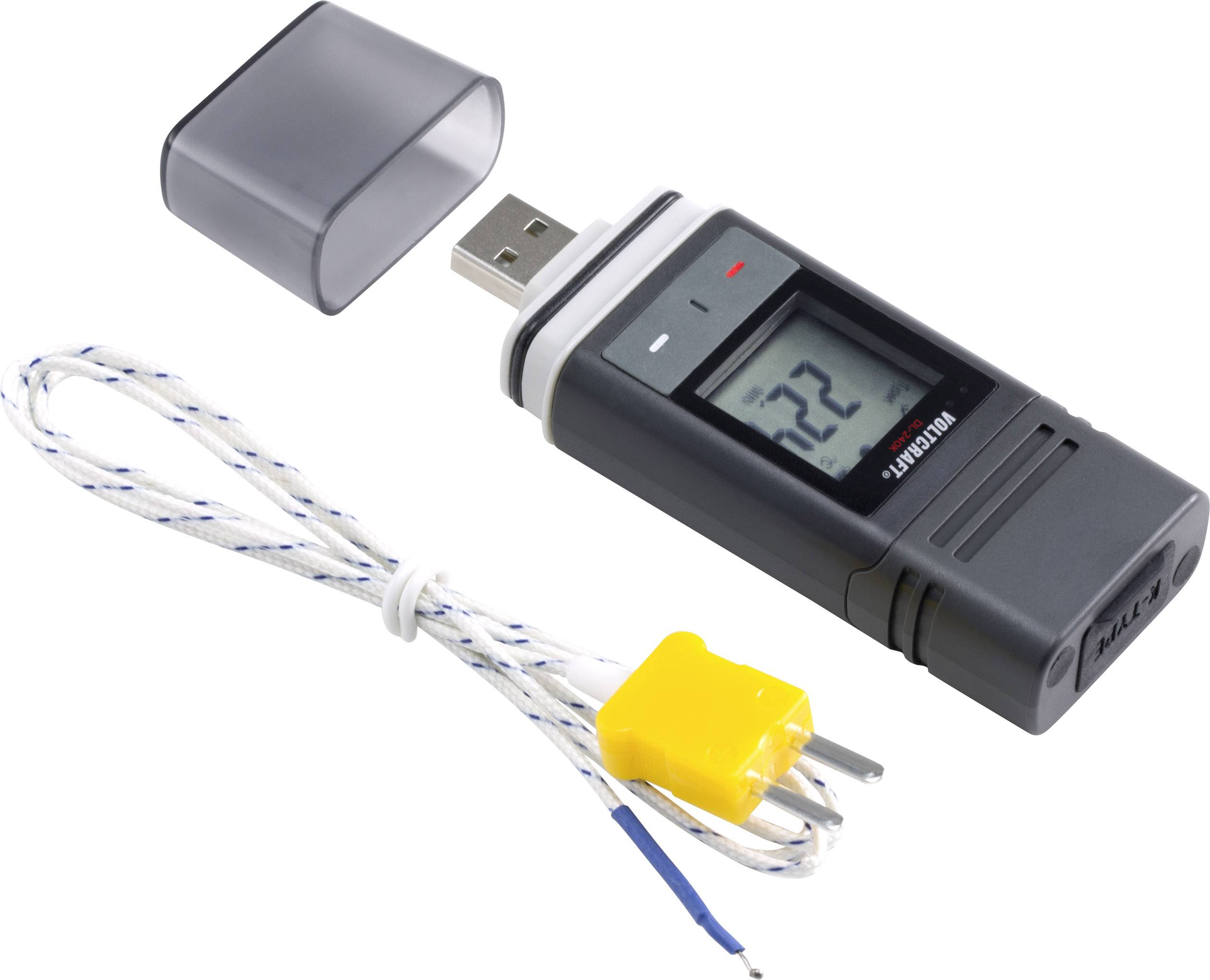 USB-temperaturdatalogger med beskyttelseshætte og termoelement-stik, viser '22,2' på displayet.