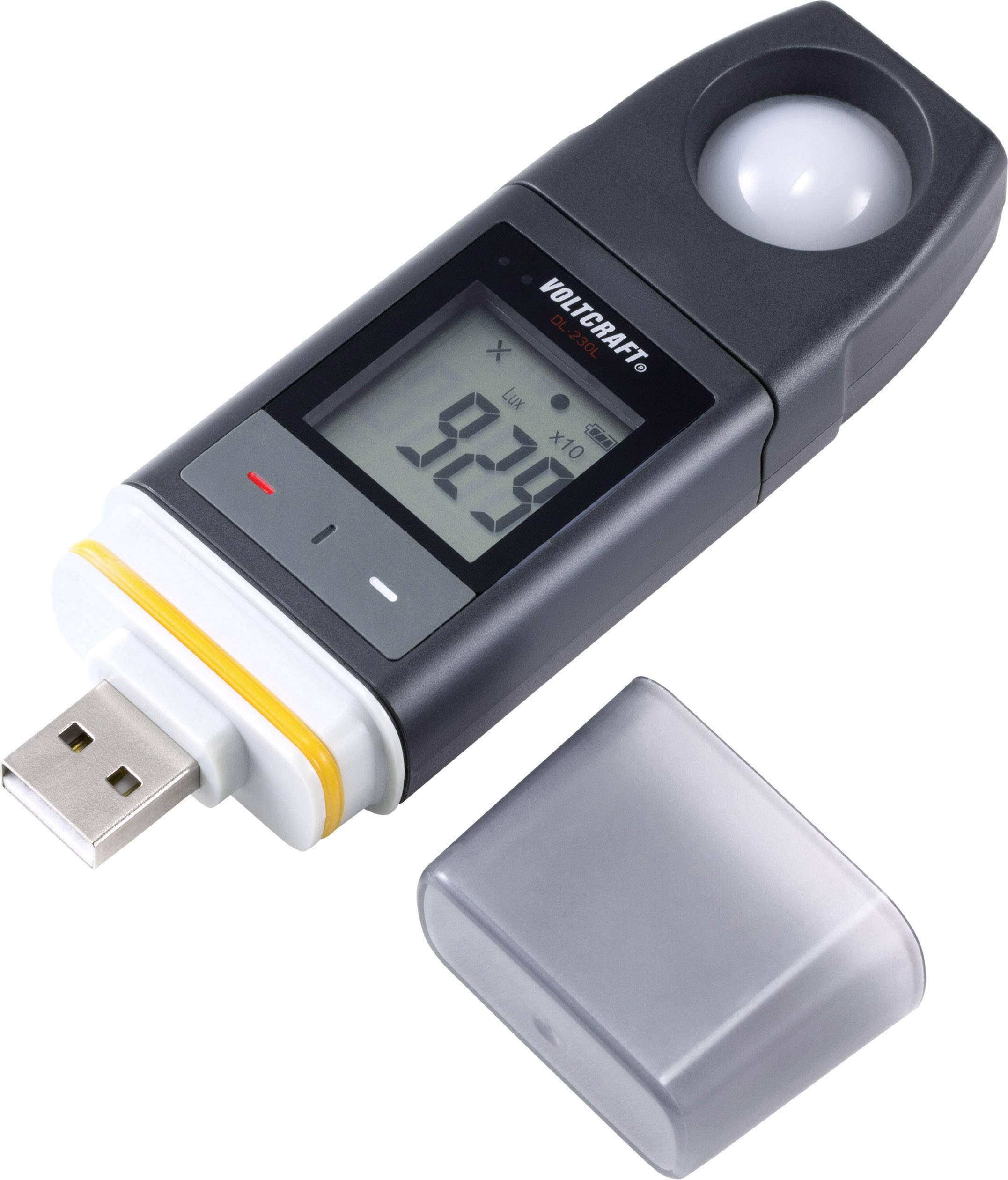 Lysmåler med USB-stik og display, der viser tallet '929'. Beskyttelseshætte placeret ved siden af.
