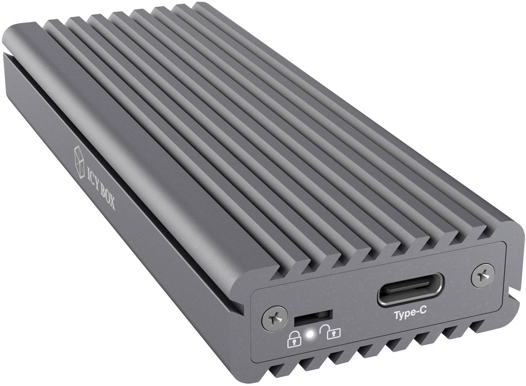 Ekstern SSD-kabinet i aluminium med rillet struktur. USB Type-C-tilslutning og låse-/oplåsningssymbol synligt forfra.