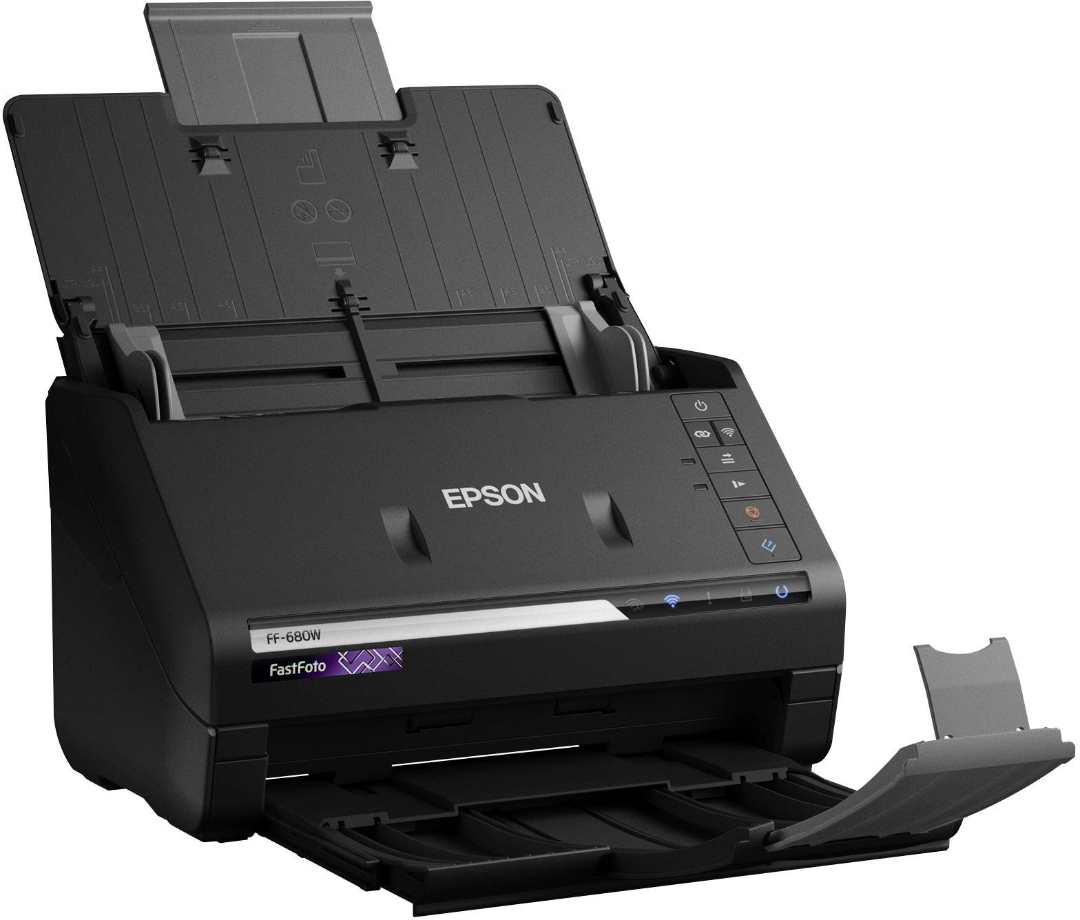 En sort Epson-scanner med åben dokumentfremfører og outputbakke, velegnet til hurtig scanning af fotos og dokumenter.
