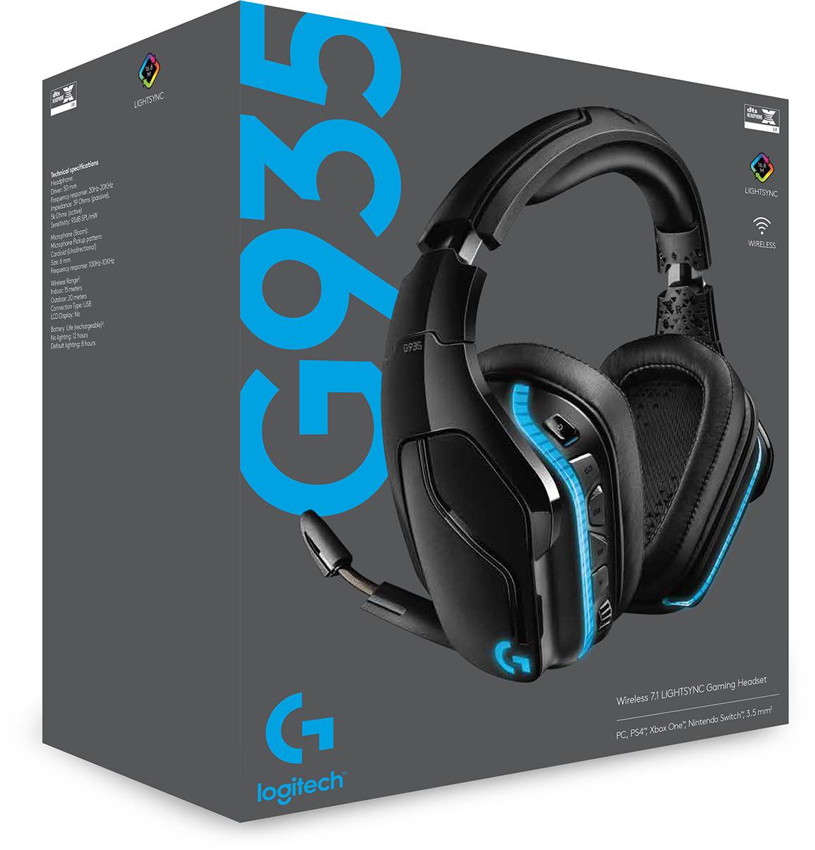 Emballage til en trådløs gaming headset, model 'G935' fra Logitech, med blå skrift på grå baggrund og produktspecifikationer.
