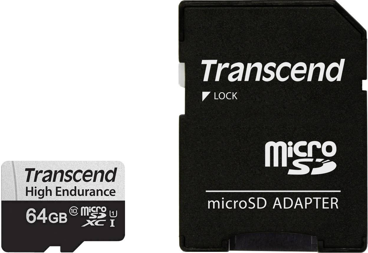 'microSD-kort med 64GB lagerplads fra Transcend og en microSD-adapter. Kortet er designet til høj belastbarhed.'