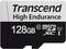 Transcend High Endurance MicroSD-kort med 128 GB lagerkapacitet, Class 10, ideel til vedvarende skrivning og optagelse.