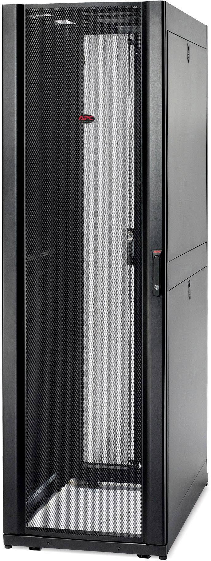 Sort IT-serverrack-skab med glasdør, egnet til opbevaring af servere og andet netværksudstyr i datacentre.