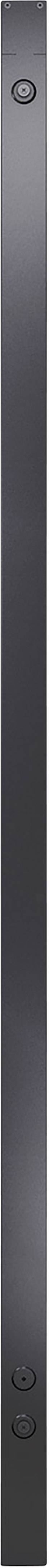 Et adskillelsesbånd i sort plast, lodret, med afrundede ender, muligvis brugbart som håndtag eller dekoration.
