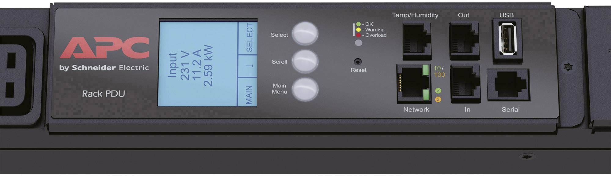 Et rack-PDU fra APC med digitalt display, der viser indgangseffekt. Enhedens stik og betjeningsknapper er synlige.