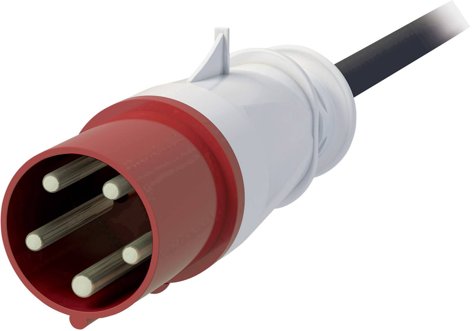 En rød, trepolet, industriel stikprop med kabel.