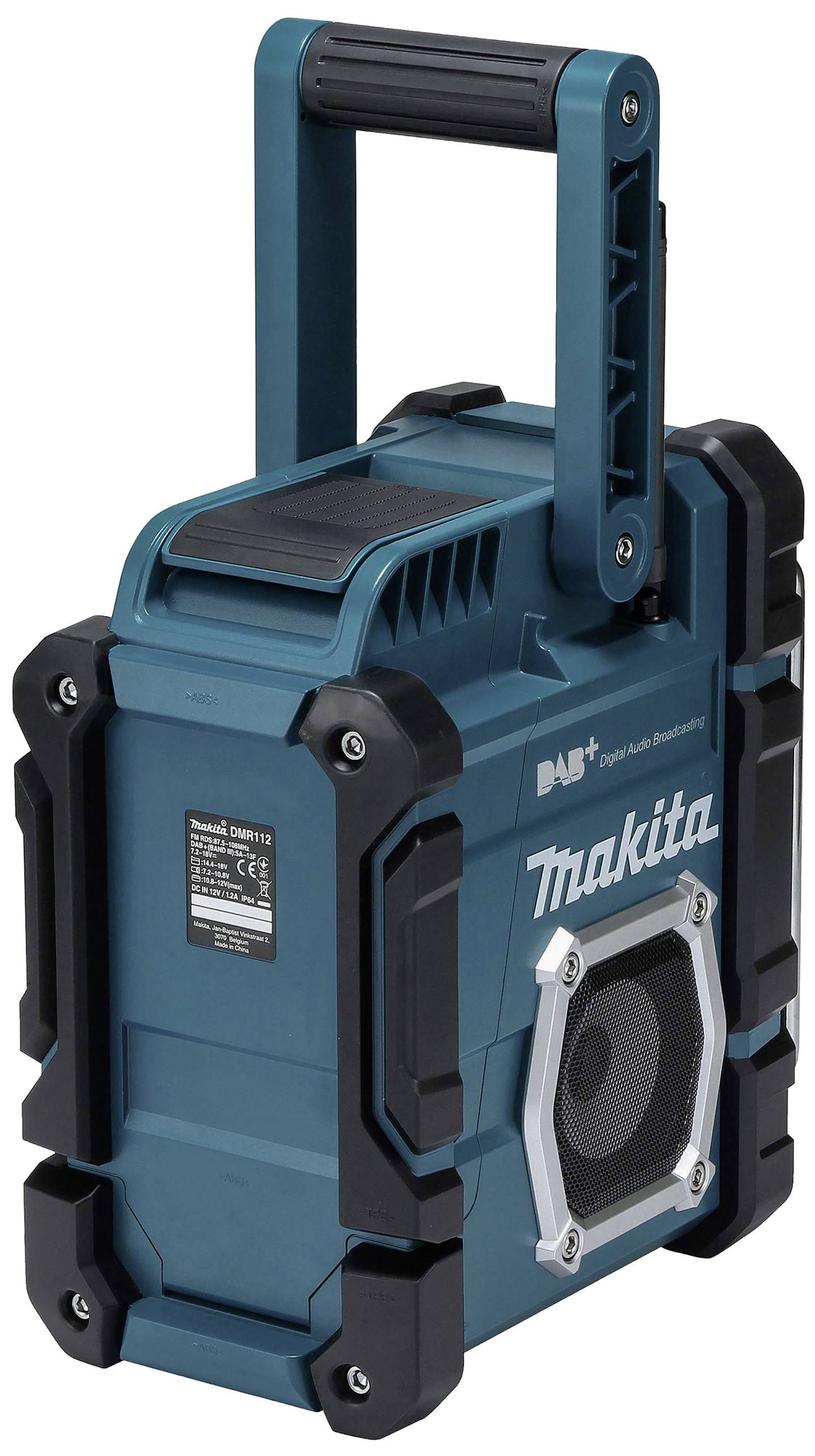 'Bærbart Makita-radio med robust kabinet, sort højttalergitter og stort bærehåndtag.'
