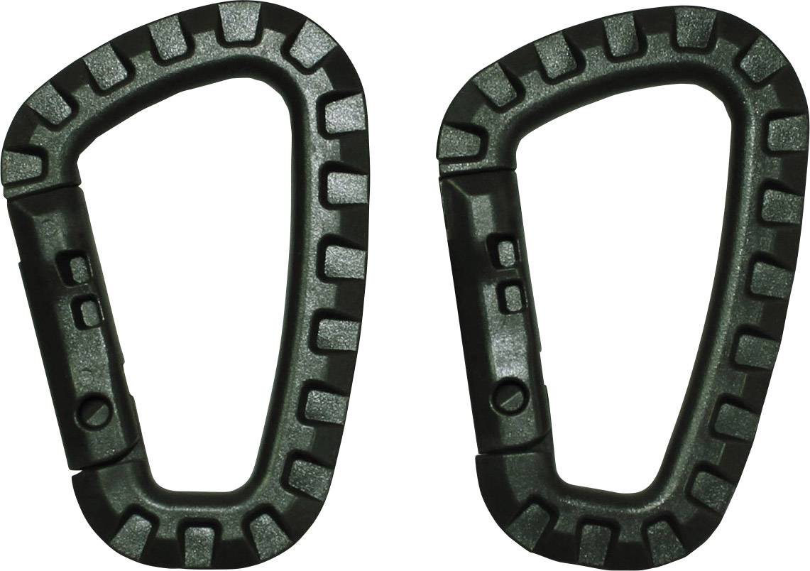 To Sorte plastik karabiner, egnede til ophæng af udstyr eller fastgørelse af genstande, på hvid baggrund.