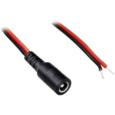 Sorte og røde DC-strømkabler med hun-stik, egnede til at forbinde elektroniske enheder med strømkilder.