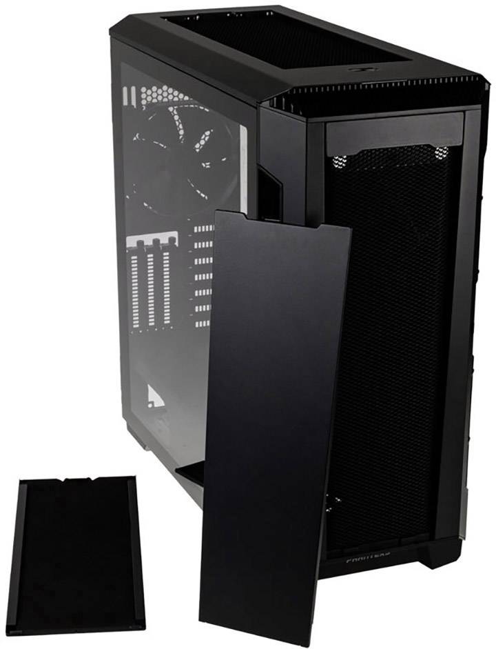 Sort computeretui med afmonterede front- og toppaneler, viser ventilationsåbninger og plads til pc-komponenter.