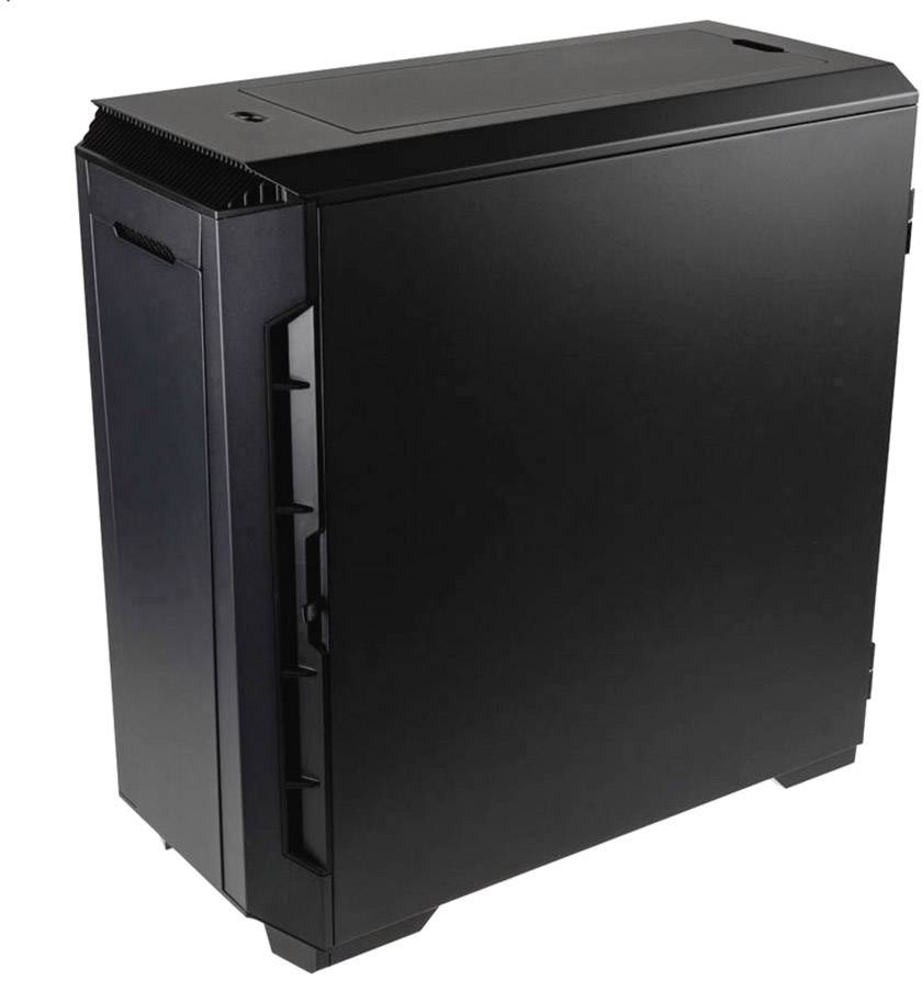 Et sort computeretui med et minimalistisk design og flere ventilationsåbninger på oversiden.