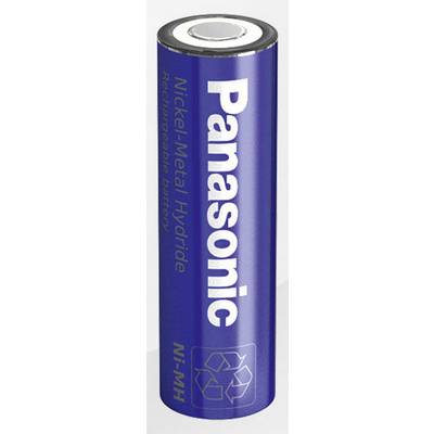 En blå genopladelig nikkel-metalhydridbatteri med påskriften 'Panasonic' og et genbrugssymbol.