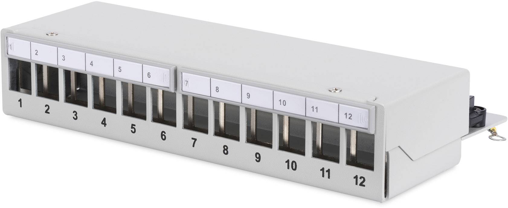Billede af en grå kabelfordeler med 12 nummererede tilslutninger, hver markeret med et hvidt ciffer fra 1 til 12.