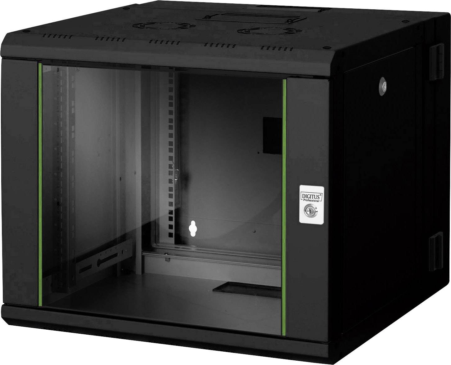 En sort vægmonteret fordelerboks med glaslåge og lås, egnet til installation af netværkskomponenter i IT-miljøer.