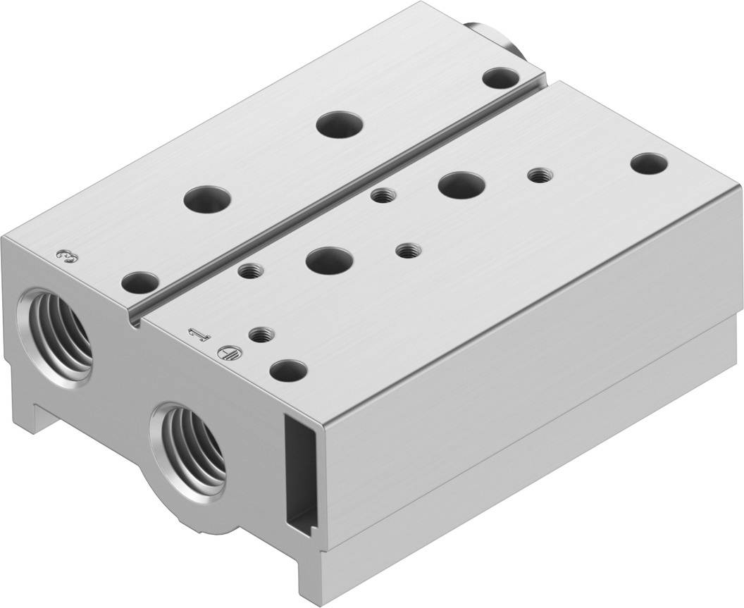 Metallisk pneumatisk cylinder i rektangulær form med flere tilslutnings- og fastgørelsesåbninger.