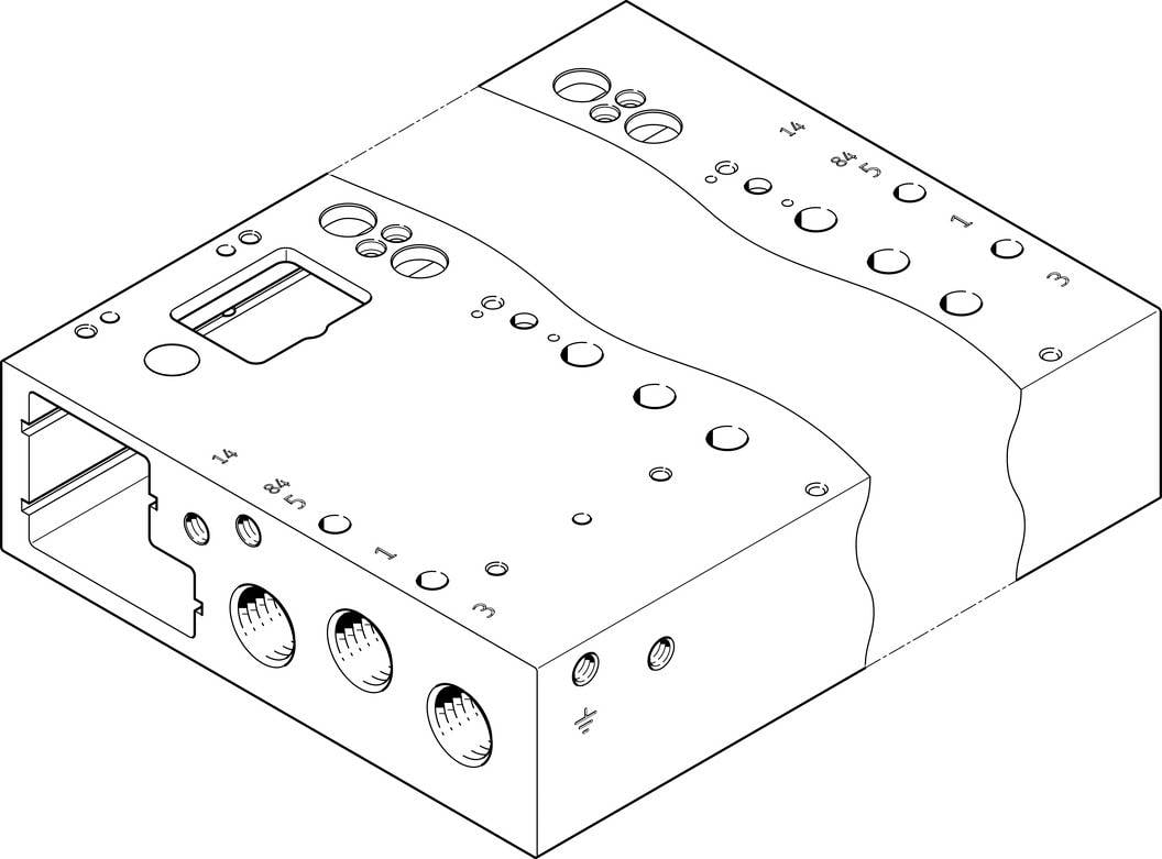 Elektronisk komponent med flere tilslutninger og taster på oversiden, tegnet i isometrisk perspektiv.