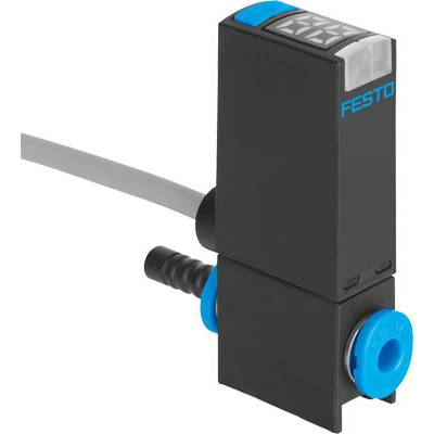 Et sort komponent med påskriften 'Festo', blå tilslutninger og et grå kabel, sandsynligvis et pneumatisk ventil.