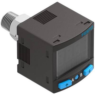 En elektronisk tryksensor med digitalt display og indstillingsknapper. Enheden er sort med blå piletaster.