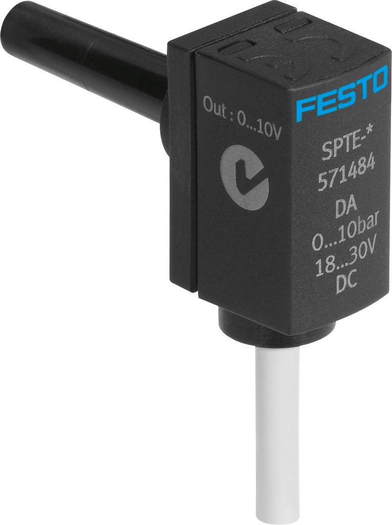 Trykføler fra Festo, model SPTE, måler trykområde 0 til 10 bar. Display: 0-10V udgang, egnet til 18-30V DC.