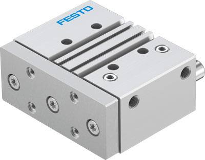 En pneumatisk cylinder fra Festo med flere skruer og tilslutninger, genkendeligt ved sit kompakte, rektangulære design.