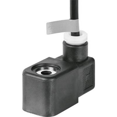 Et sort magnetventil med kabelstik og sølvfarvet klemme, anvendt i hydrauliske eller pneumatiske systemer.