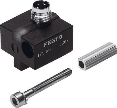 En sort Festo-sensorblok med stikforbindelse, skrue og beslag, mærket '171 163 L807', ligger på hvid baggrund.
