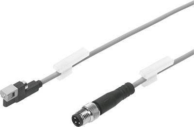 Et gråt kabel med to forskellige stik, et rektangulært og et rundt, med gevind.