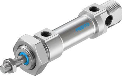 En sølvfarvet pneumatisk cylinder med blå detaljer og Festo-logoet.