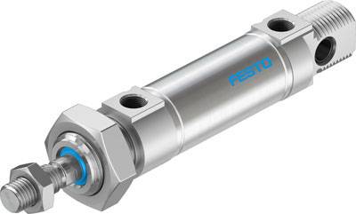 Et pneumatisk metalcylinder i cylindrisk form, forsynet med 'FESTO'-logoet, bruges i automatiserede systemer.