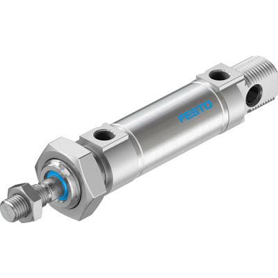 Et pneumatisk metalcylinder i cylindrisk form, forsynet med 'FESTO'-logoet, bruges i automatiserede systemer.