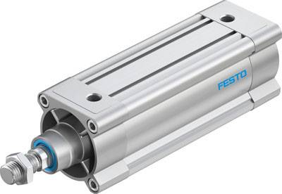 Sølvfarvet pneumatisk cylinder med blå detaljer og 'Festo' påskrift på siden.