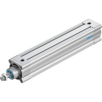 Pneumatisk cylinder af metal, rektangulær form med blå Festo-logoindskrift på siden, egnet til industrielle anvendelser.