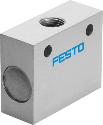 Sølvfarvet metalblok med to boringer og 'FESTO'-logo i blå farve. Blokken bruges til forbindelse i pneumatiske systemer.