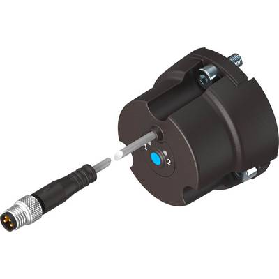Rund sort elektrisk sensor med kabelstik, skruer og blå markering på forsiden, til måling af parametre.