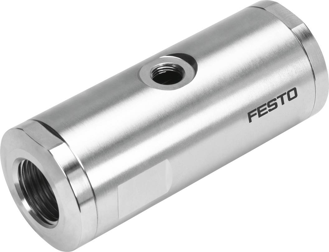 Sølvfarvet cylindrisk Festo-trykafbryder med gevind i begge ender.