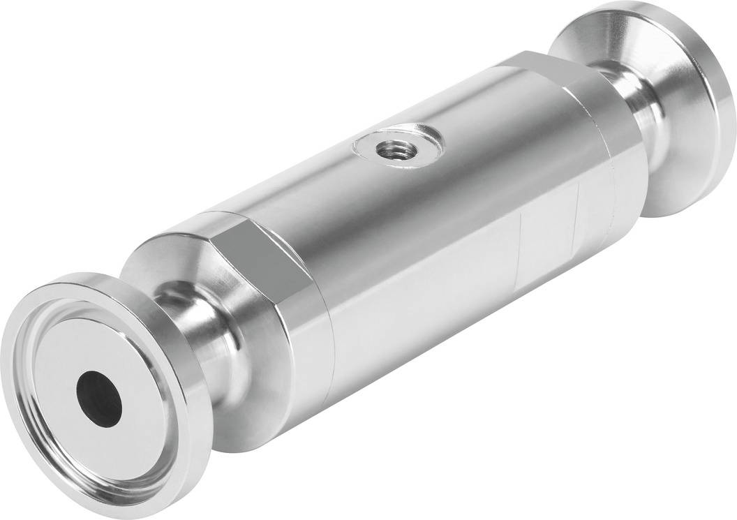 En sølvfarvet, cylindrisk metaladapter med flangeforbindelser i begge ender. Egnet til industrielle anvendelser.