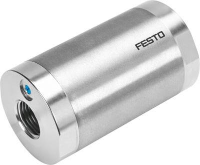 Metalcylinder mærket 'Festo', ventilationselement i siden, blank overflade, cylindrisk form.