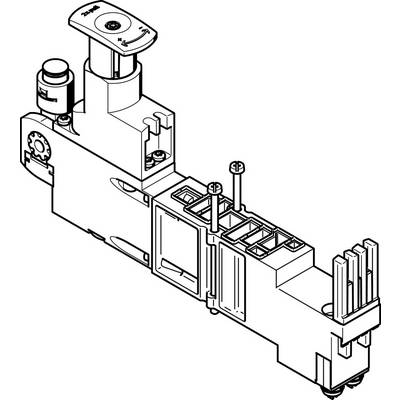 Teknisk tegning af et pneumatisk ventilsystem med forskellige tilslutninger og ventiler, viser placeringen af komponenterne.