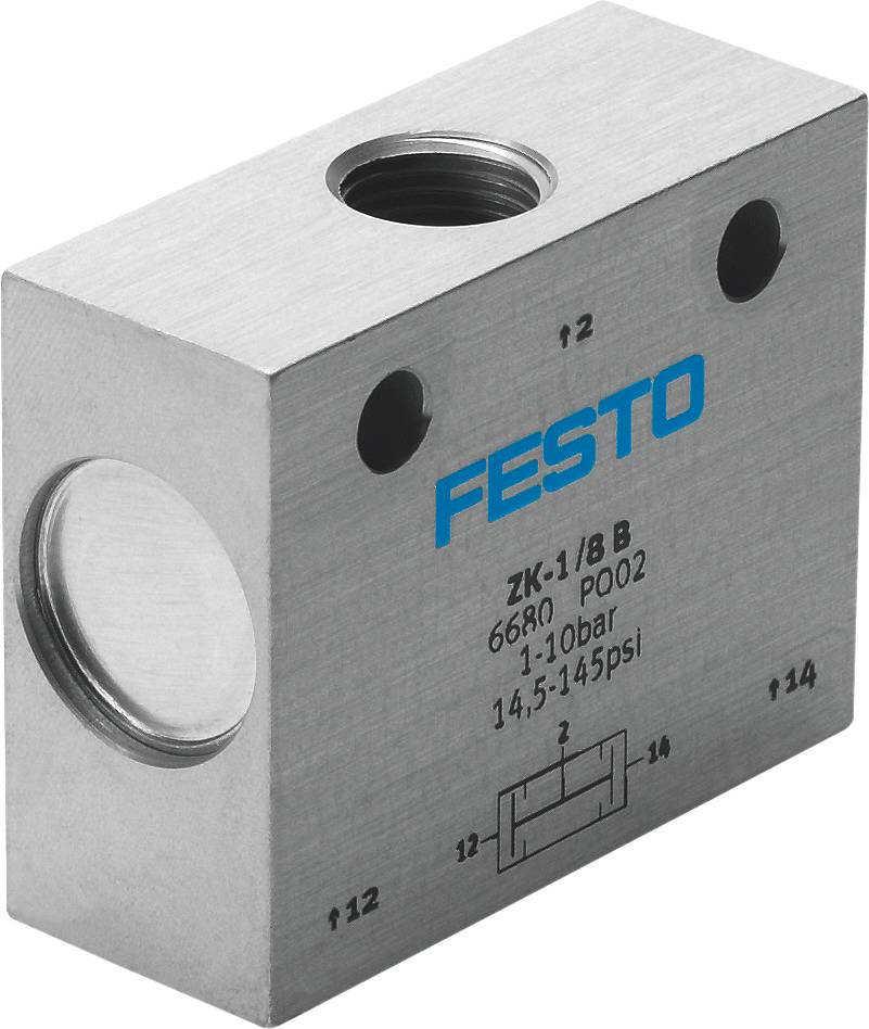 Et rektangulært metalhus med det blå Festo-logo. Foroven er en rørtilslutning, forneden står der '1-10 bar, 14,5-145 psi'.