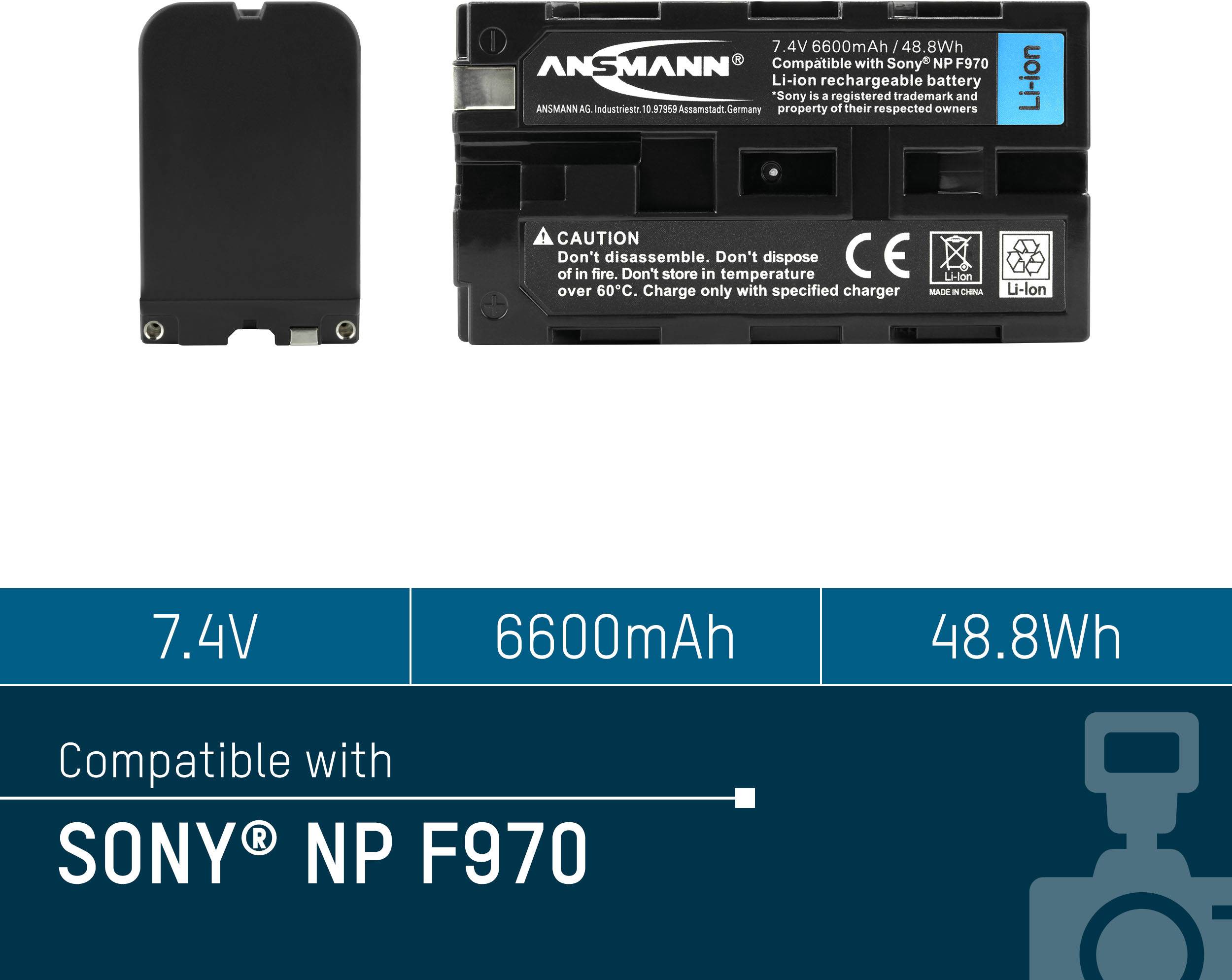 Et Ansmann lithium-ion batteri, 7,4V, 6600mAh, 48,8Wh, kompatibel med Sony NP-F970. Sort design med blå Li-Ion-markering.