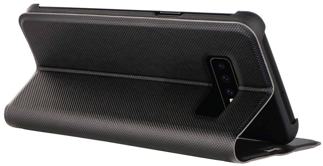Mobiltaske med tredobbelt foldet bagside, sort, som holder en smartphone oprejst.