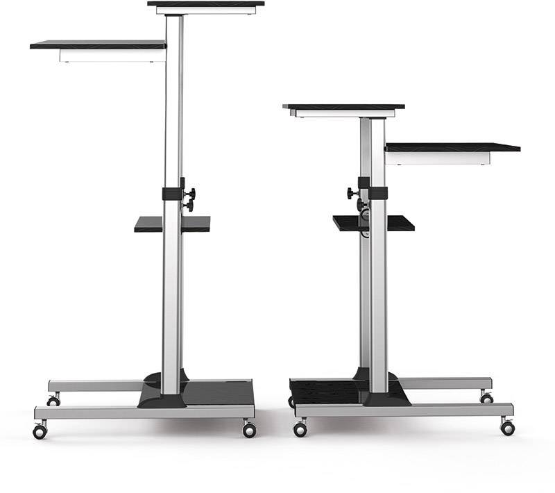 To tiljpasselige rulleborde af metal med sorte hyldeflader, egnede til præsentationer eller som mobile arbejdsborde.