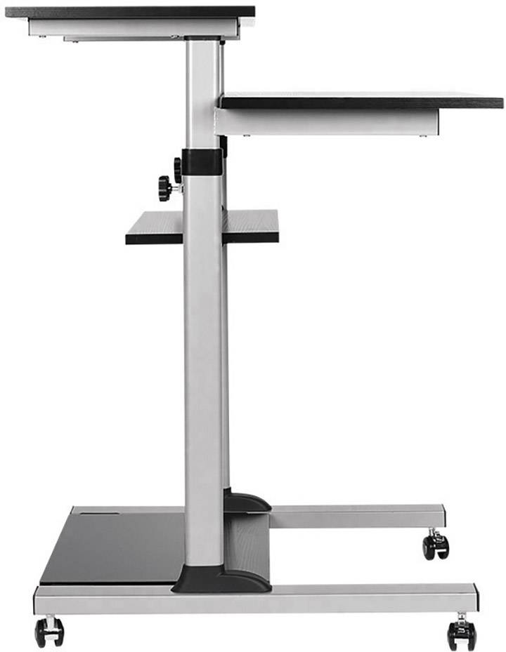 Skrivebord med justerbar højde, set fra siden, metalramme, to niveauer, forsynet med hjul for let flytning.