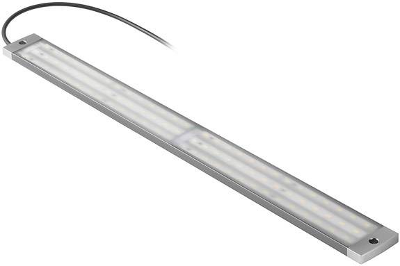 Smal, rektangulær LED-lyslinje med metalramme og kabel, egnet til belysning af arbejdsflader eller møbler.