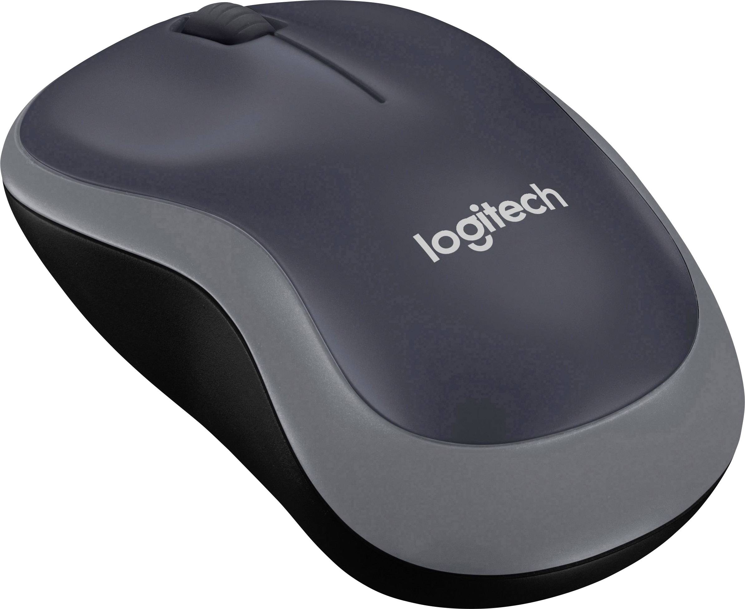 En sort computermuse fra Logitech med grå kant og mellemstort rullehjul, velegnet til trådløs navigation på computeren.