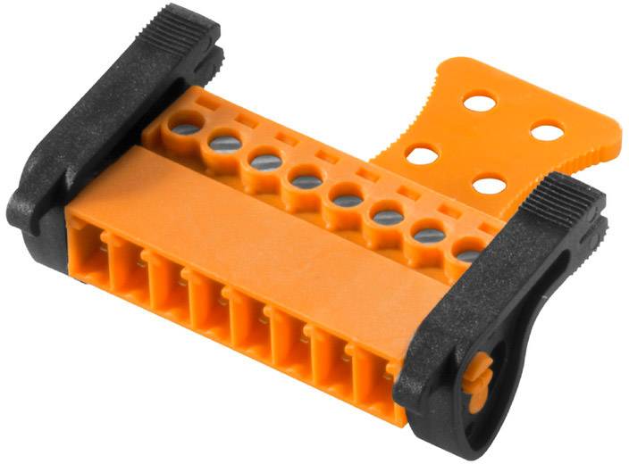 En orange stikforbindelse med sorte klemmer på begge sider.