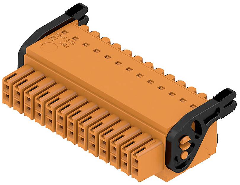 En orange elektrisk stikforbinder med sorte fastgørelseselementer, til forbindelse af elektriske kredsløb.