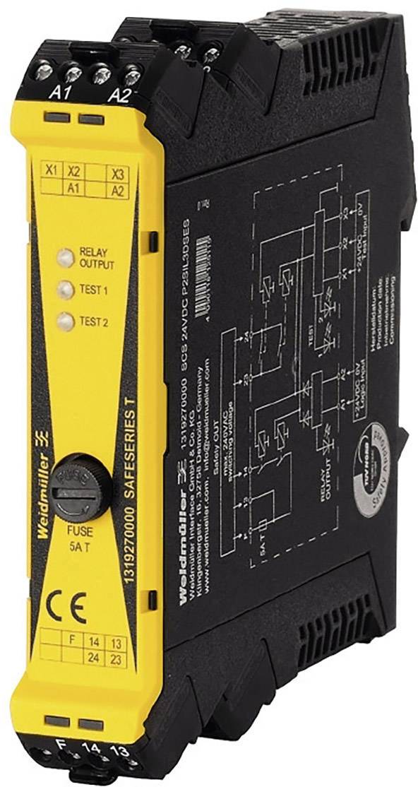 En elektronisk enhed fra mærket Weidmüller, gul og sort, med tilslutningsklemmer og en kontakt. Mærkninger indikerer relæ- og testfunktioner.